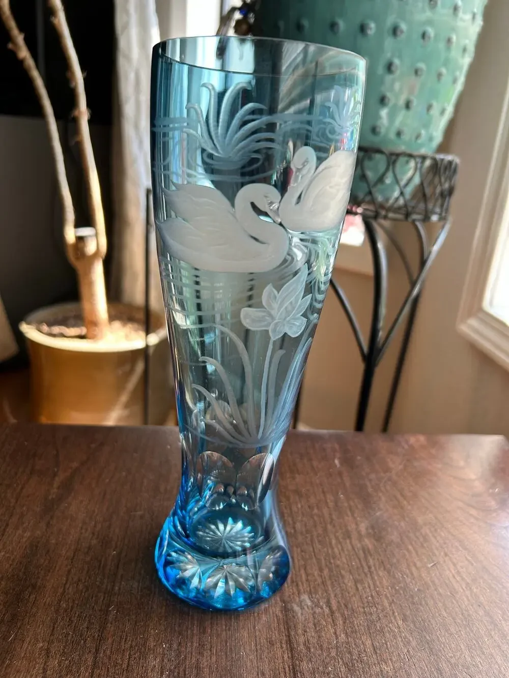 New Vintage blue cut to clear glass bud vase etched swans